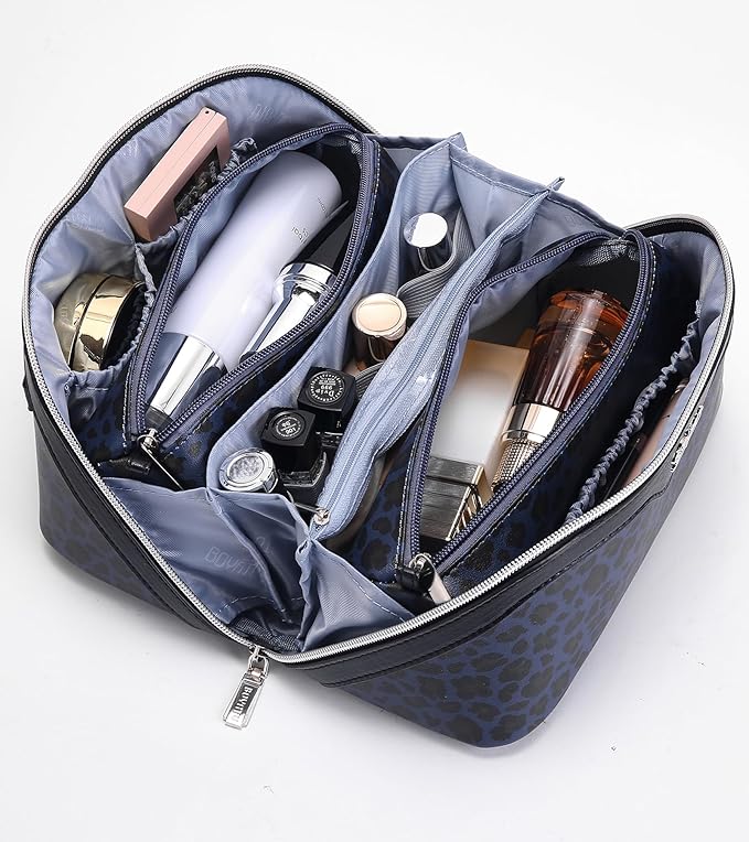 BOYATU Travel Makeup Bags Cosmetic Organizer Bag: 3 Pcs Set Large Capacity Make up Bag with Compartments - Waterproof Leather Toiletry Bags with Handle for Women (B-Blue)