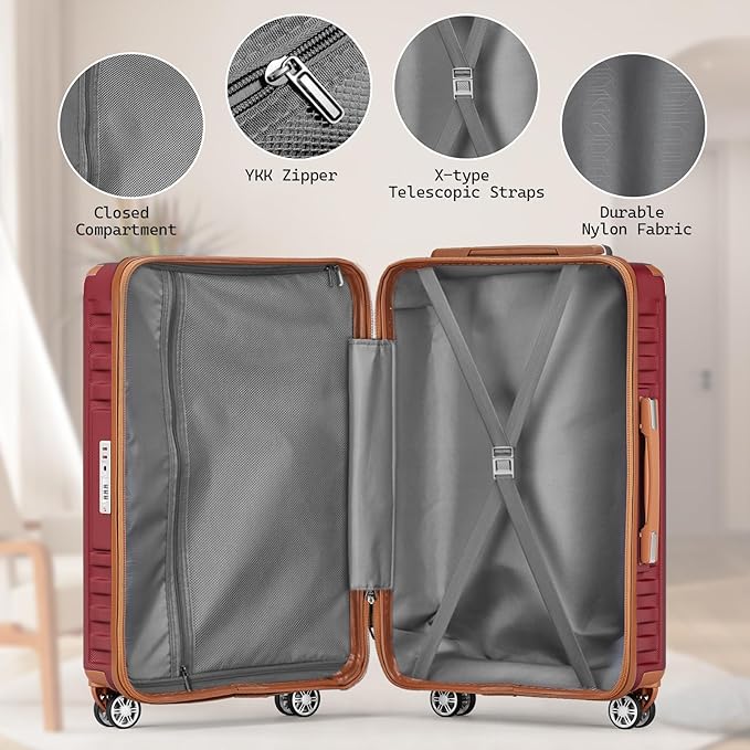 Melalenia Suitcase Sets 6 Piece Hard Shell Carry on Luggage with Spinner Wheels and TSA Lock, Lightweight Travel Backpack for Women, Men, Red Brown