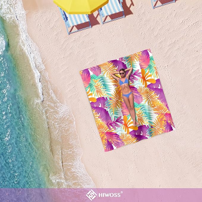 Beach Blanket Waterproof Sandproof Oversized 95”x 80”,Sand Free Beach Mat with Corner Pockets,Portable Mesh Bag for Beach Festival,Picnic,Travel and Outdoor Camping (Tropicalleaf)