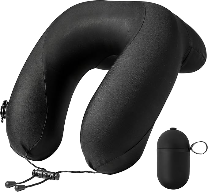 Inflatable Travel Neck Pillow for Airplane with Adjustable 360° Head & Neck Support, 2-in-1 Air Pump and Storage Bag, Soft Removable Washable Cover for Airplane, Train, Car, Office (Black)