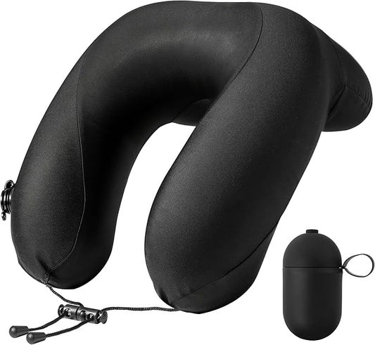 Inflatable Travel Neck Pillow for Airplane with Adjustable 360° Head & Neck Support, 2-in-1 Air Pump and Storage Bag, Soft Removable Washable Cover for Airplane, Train, Car, Office (Black)