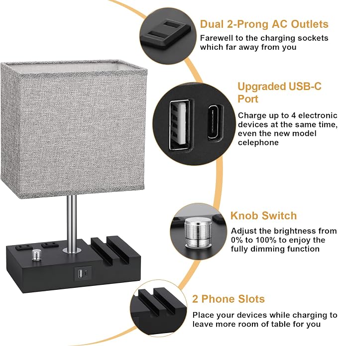 Bedside Table Lamp for Bedroom Nightstand - Stepless Dimmable, 2 AC Outlets | Dimming By Rotary Knob, USB C+A Ports, 2 Phone Stands, LED Bulbs Included, Rectangle Grey Fabric Shade, for Living Room, Desk