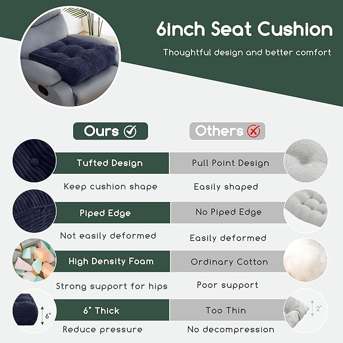 HIGOGOGO Tufted Corduroy Recliner Seat Cushion for Elderly, 20x20x6 Inch Extra Large Square Seat Cushion for Recliner Chair, Floor Pillow, Office Chair, Car, No Pressure on Thighs, Navy