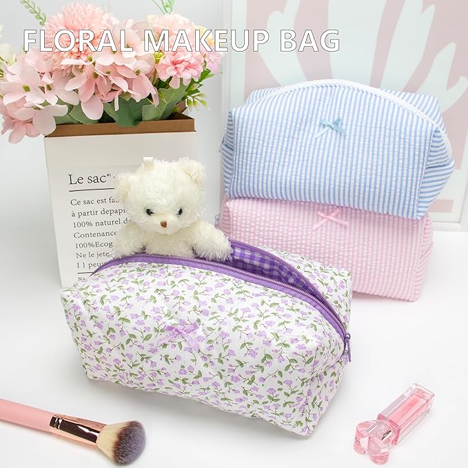 PAZIMIIK Cozy Makeup Bag Travel Cosmetic Bag for Women Soft Toiletry Bag Aesthetic Makeup Organizer Portable Large Zipper Pouch for Skincare Beauty Accessories Brushes Floral Purple