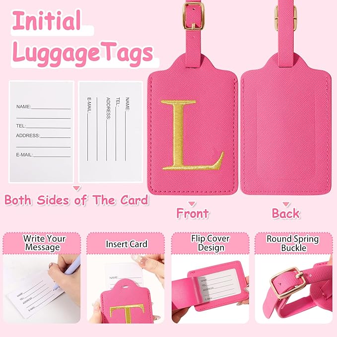 Personalized Initial Luggage Tags for Suitcases, Cute PU Leather Embroidered Letter Travel Luggage Tags, Suitcase Identifier Name Baggage Tag, Bag Tags for Men Women Kids Luggage Handbags(Rosered L)