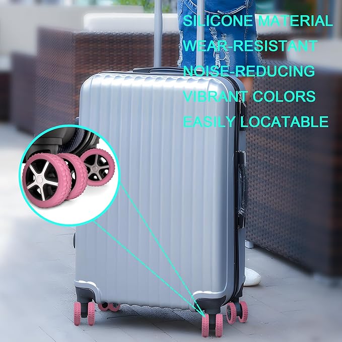 (8 Pack) Silicone Luggage Wheel Covers for 8-Spinner Wheel Suitcases, Mute & Shock Absorption Protector, Wear-Resistant & Noise-Reducing, Perfect for Travel (Pink)