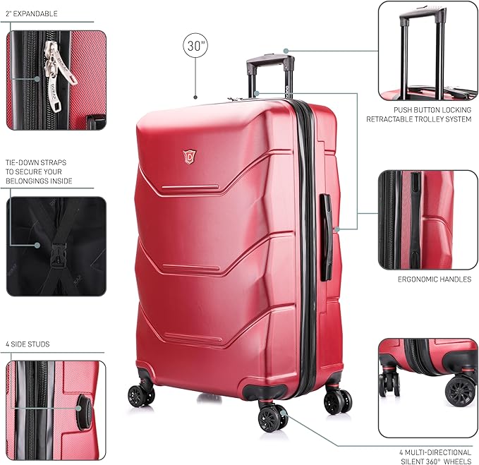 DUKAP ZONIX Luggage with Spinner Wheels | Durable Lightweight Hardside Suitcase Spacious Travel Bag with Handle and Trolley | 30 Inch Large Checked Luggage | Wine