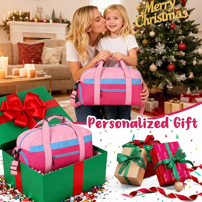 WOOMADA Kids Duffle Bag for Boys or Girls, Kids Overnight Bag with Shoe Compartment＆Wet Pocket, Ideal for School Practice, Sports, Travel(pink&hot pink)
