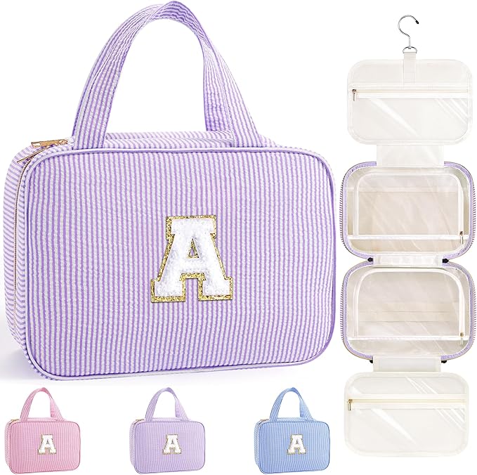 TOPEAST Travel Hanging Toiletry Bag & Makeup Bag, Personalized Initial Toiletry Pouch, Birthday Gifts for Women Teen Girls, Cruise Essentials, Purple A