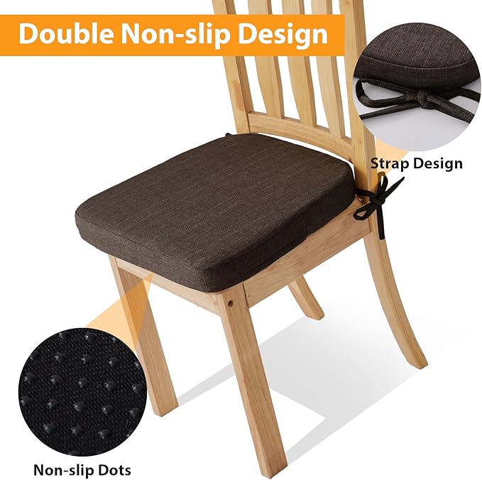 Chair Cushions for Dining Chairs, 2" Thick Seat Cushions for Kitchen Chairs, D-Shaped Chair Pads with Washable Cover, Ties and Non Slip Backing, 17'' x 16'', Set of 6, Brown