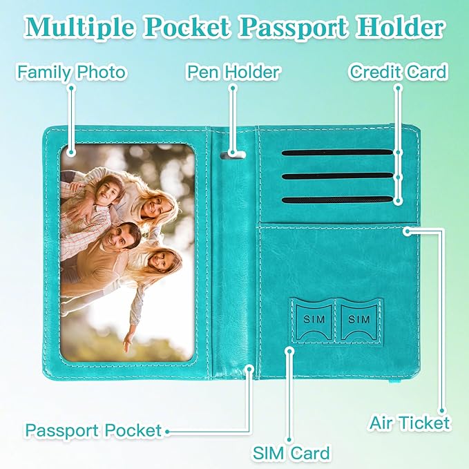 Passport Holder for Travel, RFID Blocking Passport Cover with Pen Holder Leather Passport Wallet Case Travel Must Haves Accessories Passport Book Card Holder for Family Travel Essentials, Turquoise