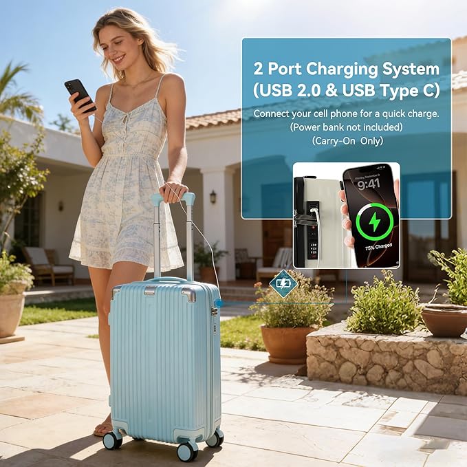 20 Inch Carry On Luggage with Spinner Wheels,PC Expandable Hard Shell Suitcase with USB Port,Lightweight Travel Luggage Airline Approved for Men Women (Mint blue)