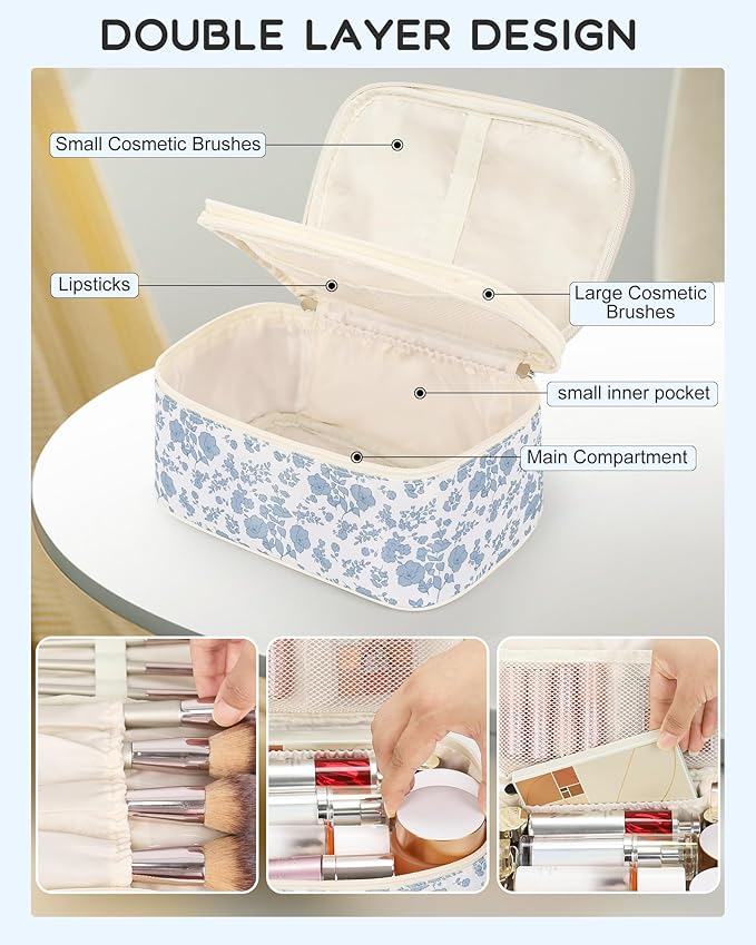 Relavel Travel Makeup Bag, Large Floral Cosmetic Bag with Makeup Brush Compartment, Portable Makeup Pouch for Women, Double Layer Makeup Organizer Bag Cute Toiletry Bag