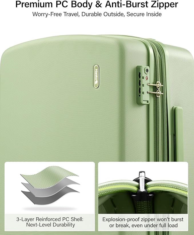 Hanke Expandable Carry On Luggage 22x14x9 Airline Approved, 20 Inch Hard Shell Suitcases with Wheels, Lightweight Travel Luggage Carry On Suitcase for Woman & Men with Tsa Lock(Bamboo Green)