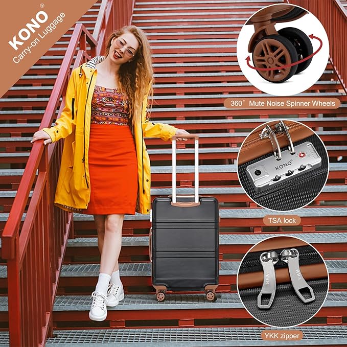 Kono 24 Inch Luggage Suitcase with Spinner Wheels TSA Lock Lightweight PC+ABS Hardside Medium Checked Luggage Durable Rolling Suitcase Apricot Black