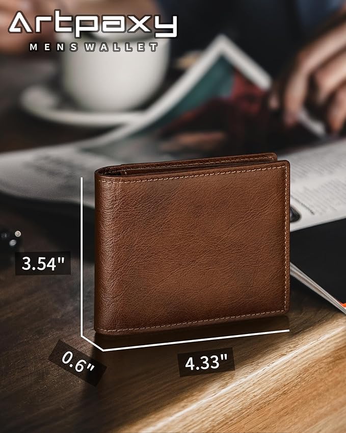 Artpaxy Mens Wallet Genuine Leather Bifold RFID Blocking Wallet for Men with 1 ID Window 13 Card Holders 2 cash pockets 1 Gift Box