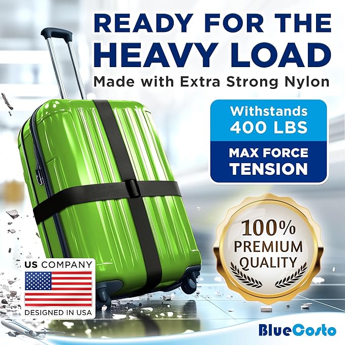 Luggage Straps for Suitcases - TSA Approved - Black, 4 PK - Premium Nylon Belts for Suitcase, Briefcase & Travel Bag - Adjustable Strap Length 46" - 78"