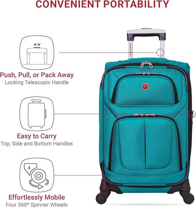 SWISSGEAR Sion Softside Expandable Spinner Luggage Durable Lightweight Travel Suitcase, Teal, Carry-On 21-Inch