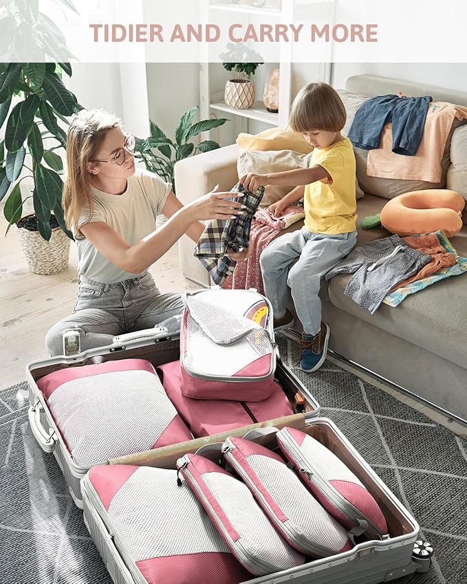 Meowoo 7 Set Compression Packing Cubes for Travel, Durable Ripstop Mesh Suitcase Organizer with Shoe Bag, Ultralight & Expandable Space Saver Travel Cubes