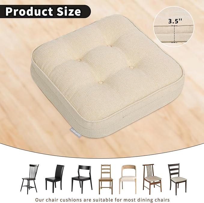 GOFORIT Chair Cushions Set of 4,Tufted Shredded Memory Foam Chair Pads, Non-Slip Seat Cushions with Removable Cover, 16'' x 16'', 4 Pack,Beige