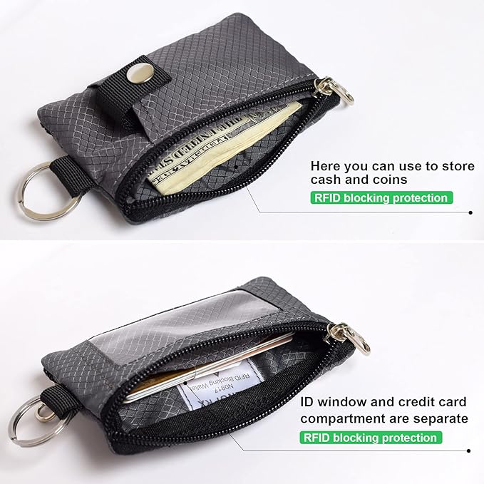 CHENSPRX Minimalist RFID Blocking Small Wallet with ID Window,WaterResistant Zip Id Case Wallet with Lanyard Keychain for Cards,Cash,Travel,Women,Men