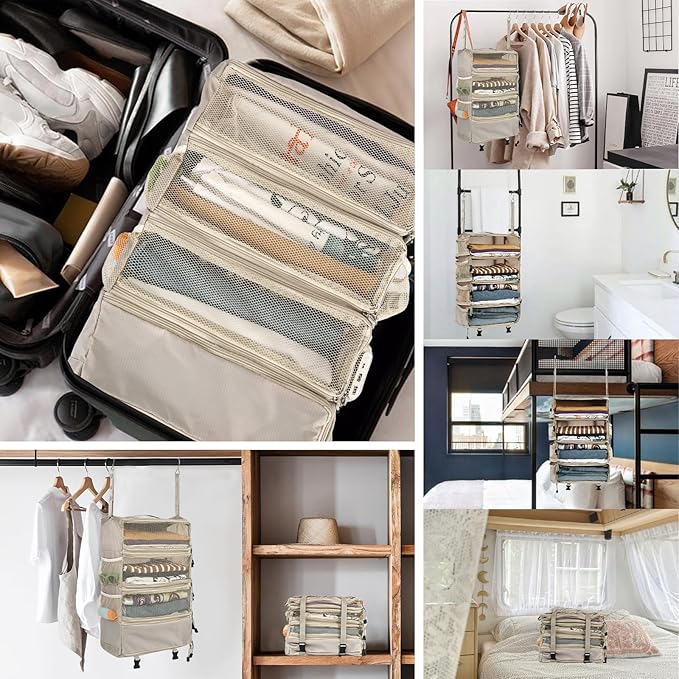 Surblue Travel Hanging Luggage Organizer Portable Suitcase Closet Organizer Multiple Compartments Collapsible Compression Packing Cubes Shelf, Beige, M