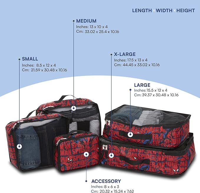 Marvel Spiderman 5-Piece Packing Cube Set - Spiderman, Ironman, Captain America - 5 Piece Packing Cubes Compression Travel Essential Accessories - Luggage Suitcase Organizer Set - For Kids, Adults