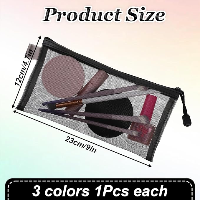 3 Pack Zipper Mesh Pouch, Multipurpose Nylon Mesh Cosmetic Bag, Portable Mesh Zipper Pouch Pencil Case, Toiletry Bag Organizing Pouches for Travel, for Daily or Travel to Keep Small Items, 3 Colors