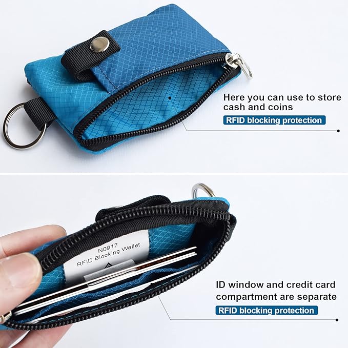 CHENSPRX Minimalist RFID Blocking Small Wallet with ID Window,WaterResistant Zip Id Case Wallet with Lanyard Keychain for Cards,Cash,Travel,Women,Men