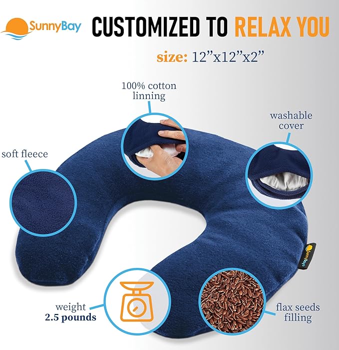 SunnyBay Microwave Heating Pad, Microwavable Heated Neck Pillow for Moist Hot Therapy, Heated Neck and Shoulder Wrap with Flax Seeds Filling and Washable Cover, 12"X12"X2", 2.5 lbs, Navy Blue