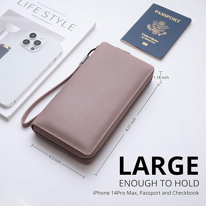 Bveyzi Women RFID Blocking Wallet Leather Zip Around Phone Clutch Large Capacity Ladies Travel Purse Wristlet | RFID Blocking, Zip Around, Large Capacity