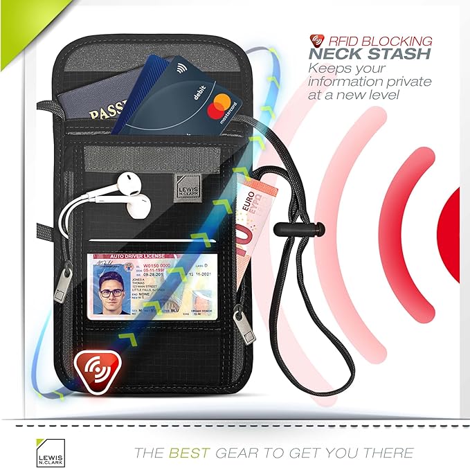 Lewis N. Clark RFID Blocking Stash Neck Wallet, Travel Pouch Passport Holder for Women & Men, Black