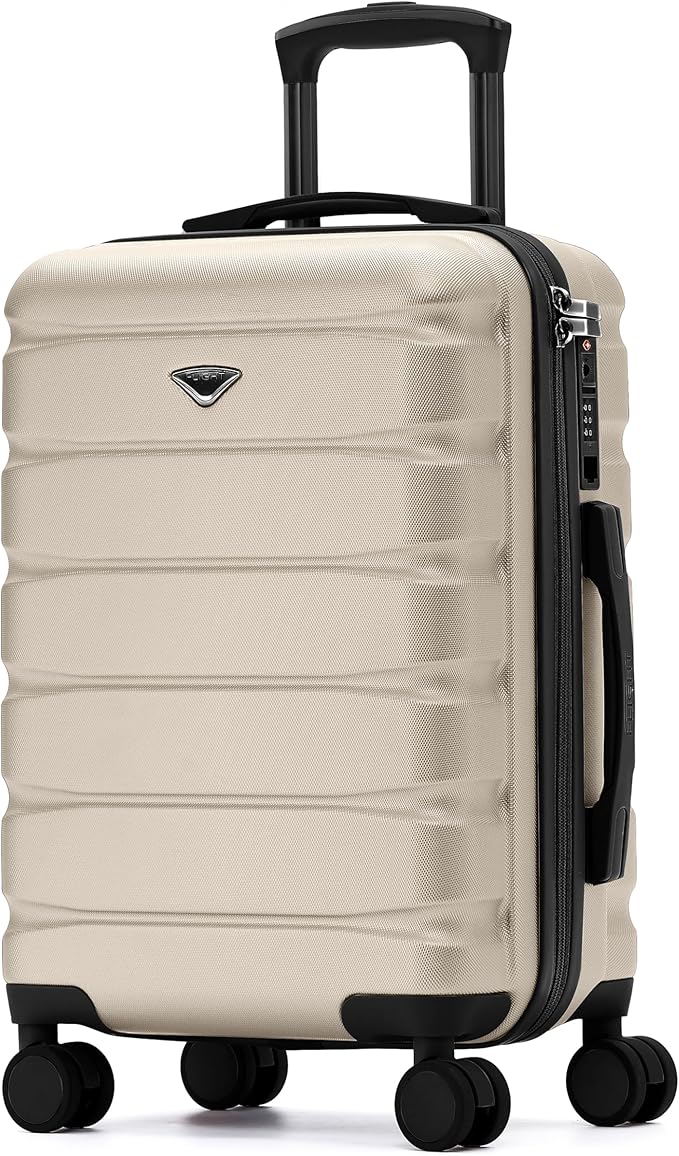 Flight Knight 22x14x9 Expandable Carry On Suitcase Hardside TSA Lock USB C Port Lightweight Luggage Silent Double Spinner Wheels Maximum Overhead Carry-On Bag American United Approved Champagne