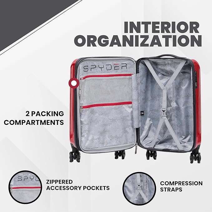 Spyder Rails Expandable Hardside Upright Suitcase with 360° Spinner Wheels, TSA Approved Lock (Red, Medium Checked)