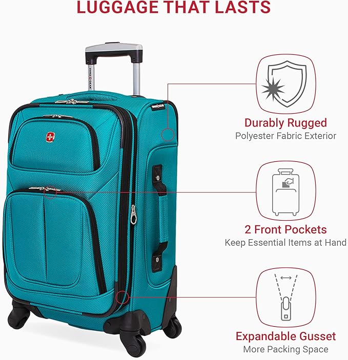 SWISSGEAR Sion Softside Expandable Spinner Luggage Durable Lightweight Travel Suitcase, Teal, Carry-On 21-Inch