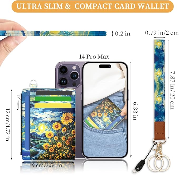 Hancynir Sunflower Slim Wallet Women Credit Card Holder, RFID Blocking Front Pocket Wallet Wristlet Keychain Lanyard, Small Cute Mini Card Case, Thin Travel Zipper Coin PU Leather Ladies Female Gifts