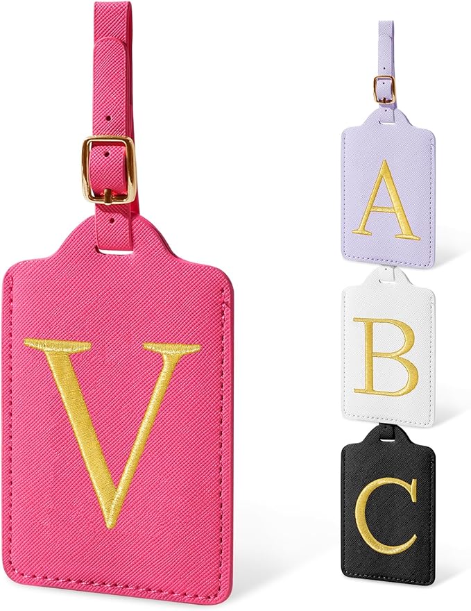 Unique Initial Letter Luggage Tags for Suitcases, Monogrammed Suitcase Luggage Identifier Tag,PU Leather TSA Approved Luggage Tags,Bag Tags for Men Women Kids Luggage Baggage(Rosered V)