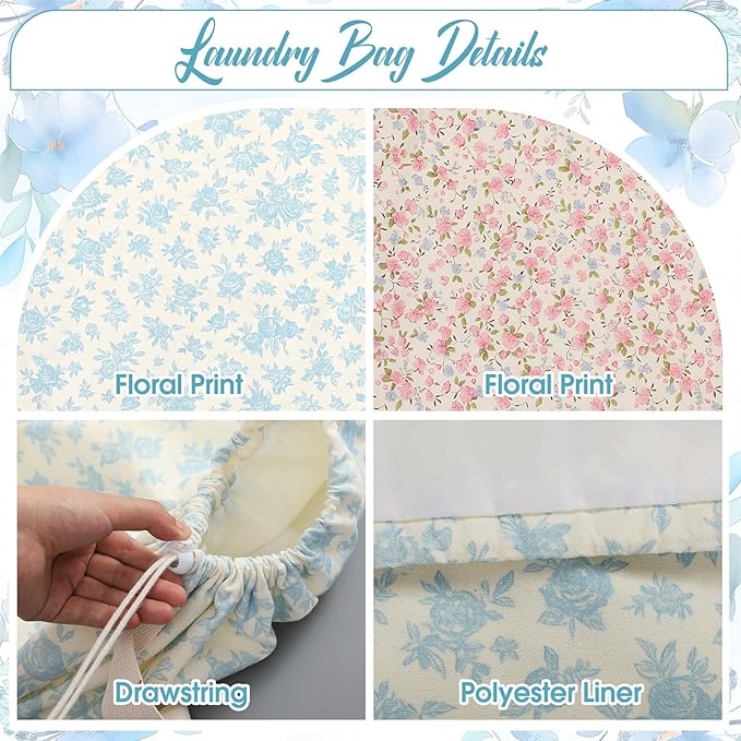 SATINIOR 2 Pcs Floral Laundry Bags 29" x 18" Pink Blue Canvas Travel Laundry Bags with Drawstring Shoulder Straps Washable Dirty Clothes Hamper Organizer for College Dorm Laundromat Apartment Camping