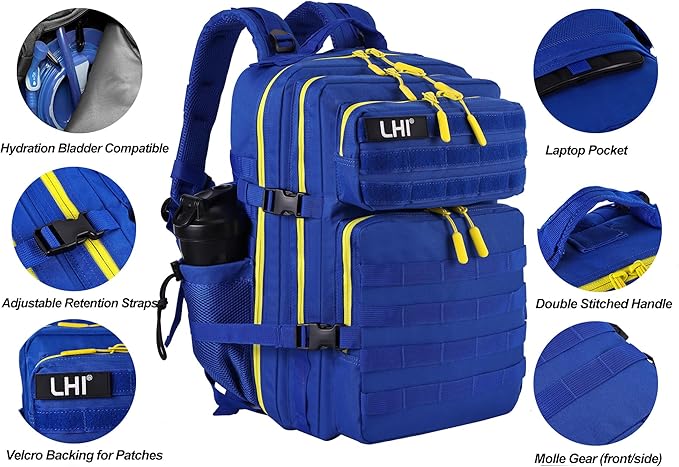 LHI Military Tactical Backpack for Men and Women 45L Army 3 Days Assault Pack Bag Large Rucksack with Molle System - Blue with yellow zipper