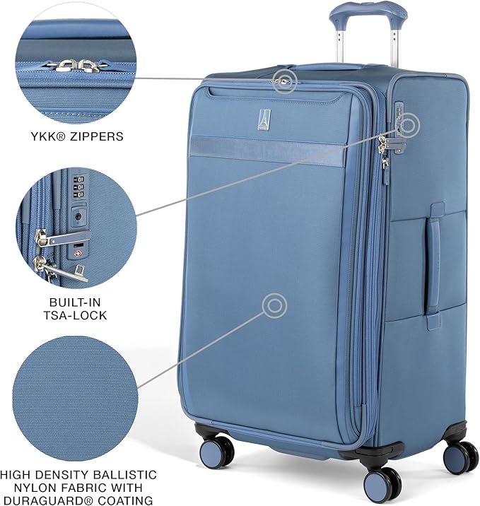 Travelpro VersaPack+ Lightweight Softside Expandable Checked Luggage, 8 Spinner Suitcase, TSA Lock, Men and Women, Checked Large 29-Inch, Elemental Blue