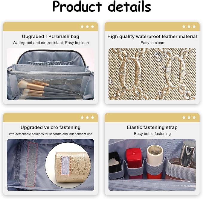 BOYATU Travel Makeup Bag for Women: Cosmetic Organizer Bag with Compartments - Leather Make up Bags Set of 3 (G-5-Gold Yellow)