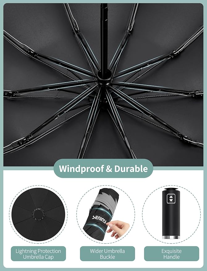 Seniny Inverted Travel Umbrella Compact - Windproof Umbrellas for Rain with Reflective Strip, Large UV Umbrella for Sun Protection, Automatic Portable Umbrellas Fold in Reverse for Car, Backpack