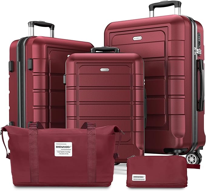 SHOWKOO Luggage Sets with Duffle Bag Expandable 100% PC Durable Suitcase Double Wheels TSA Lock 5pcs Wine Red
