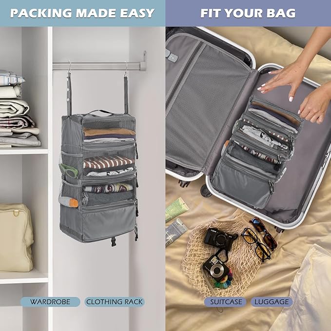 Surblue Travel Hanging Luggage Organizer Portable Suitcase Closet Organizer Multiple Compartments Collapsible Compression Packing Cubes Shelf, LightGray, S