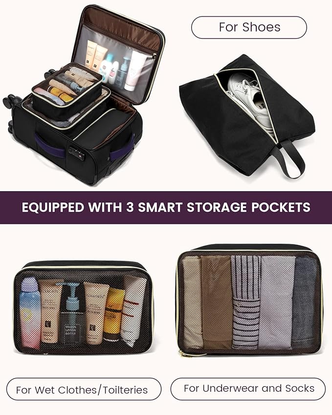 LOVEVOOK 4 Pcs Carry On Luggage 22x14x9 Airline Approved, 20 Inch Carry On Suitcases with Wheels, Softside Rolling Suitcase for Women Men, with TSA Lock Weekender Travel Luggage