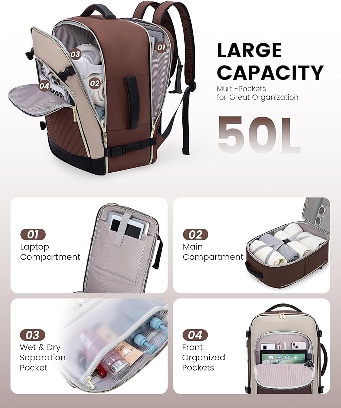 LOVEVOOK Large Travel Backpack for Women, TSA Carry on Backpack for Airplanes, 50L Personal Item Travel Bag for Women fits 17" Laptop,Waterproof Carry on Bag Airplane Approved with 3 Packing Cubes
