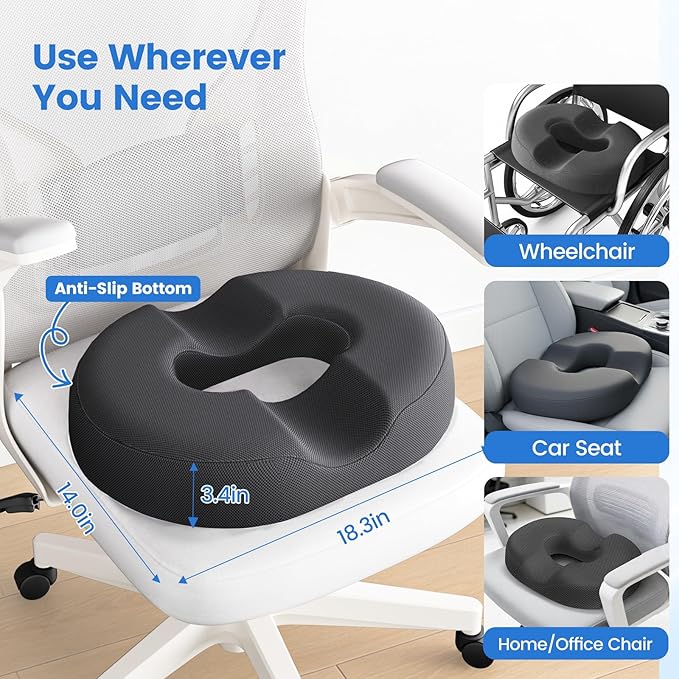 Donut Pillow for Tailbone Pain, Hemorrhoids - Cooling Gel Memory Foam Chair Seat Cushion for Office, Home & Wheelchair, Ergonomic Chair Pad for Pregnancy, Sciatica, Coccyx (XL, Grey)