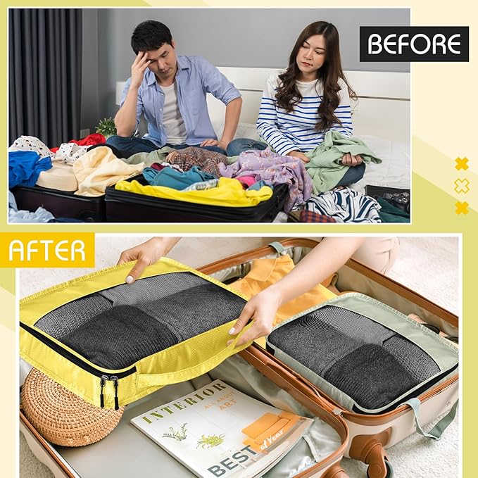 5 Pcs Packing Cubes for Suitcase Large Travel Cubes Carry on Luggage Organizer Bags for Clothes Accessories(Mixed,Yellow)