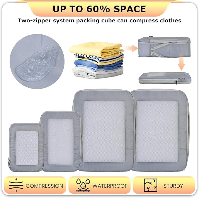 4 Set Ultralight Compression Packing Cubes Travel for Suitcases ，Compressible Mesh Packing Cubes for Travel Women Packing Organizers (Gray)