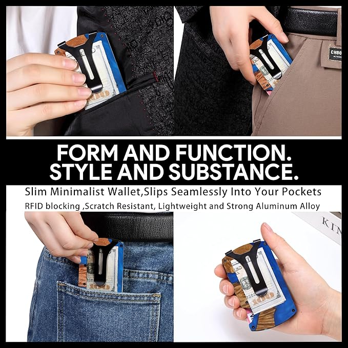 Wallet for Men, Minimalist Slim RFID Blocking Resin Wood Credit Card Holder with Money Clip, Easily Removable Cash&Card Metal Wallet,Resin River,Natuarl Walnut Wood,Unique Pattern,Gift for Men